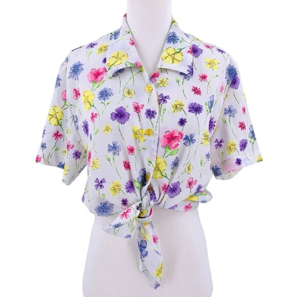 Vintage Gloria Vanderbilt Top Womens Small White Pink Purple Floral Spring - Picture 1 of 11